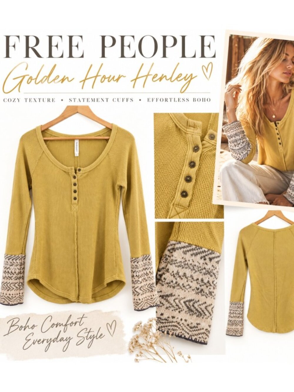 🌼✨ FREE PEOPLE Mustard Gold Waffle Knit Henley | Boho Fair Isle Cuffs ✨🌼